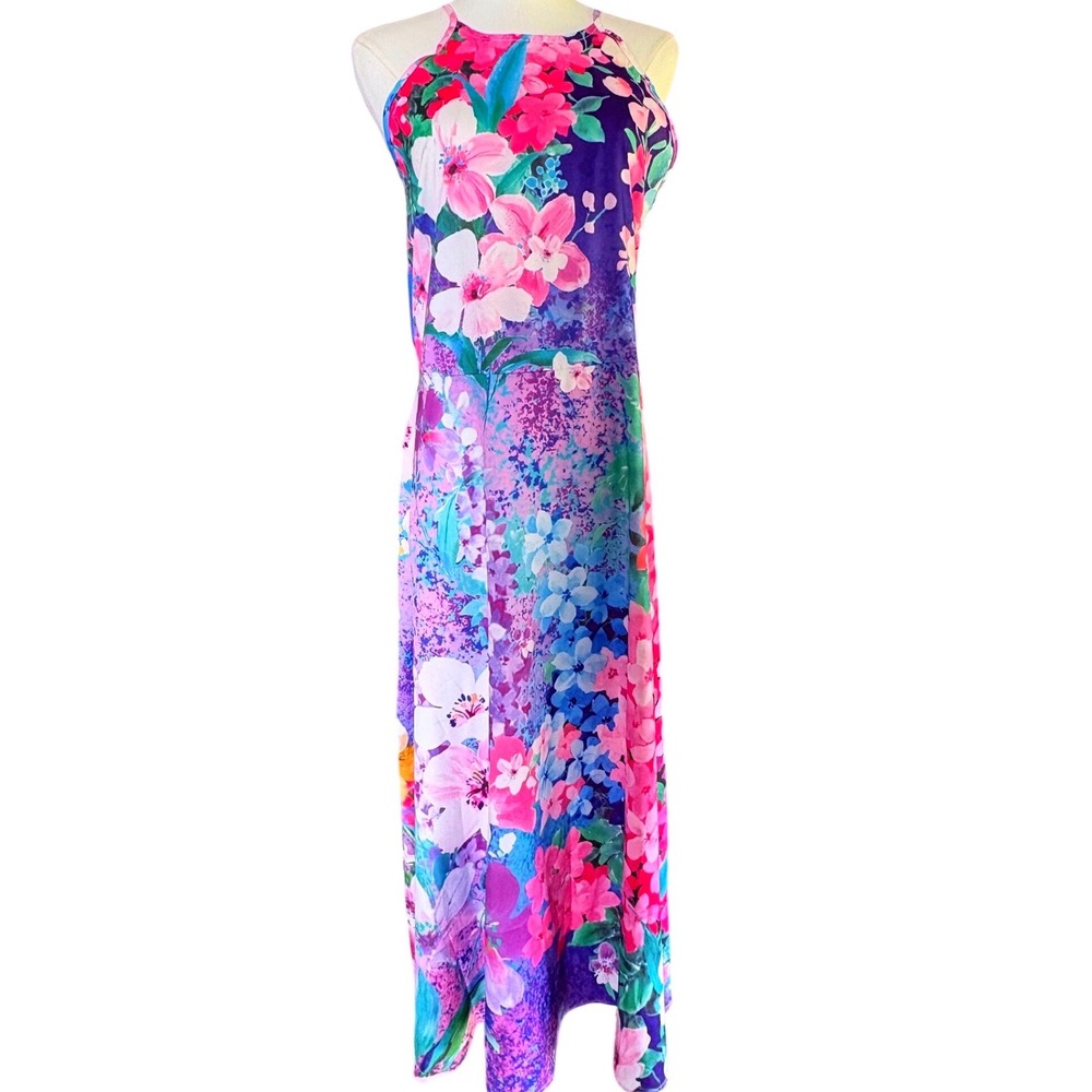 Floral Halter Maxi Dress Purple Pink Teal Tropical Sleeveless Sundress 53in L